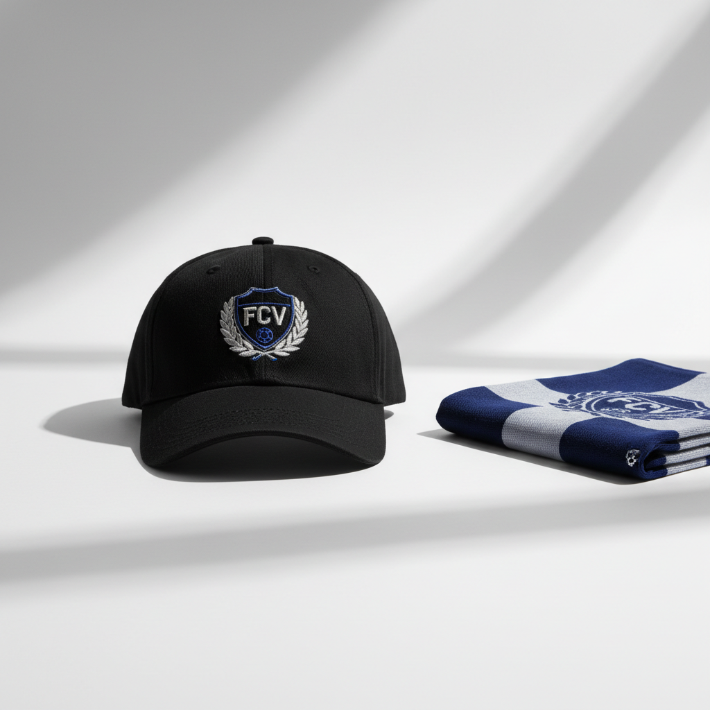 A premium black cotton baseball cap featuring a crisp, embroidered football club logo at the front center, its detailed stitching standing out on the cap’s structured six-panel design. The cap is displayed on a sleek matte white surface with subtle gradients, accompanied by a neatly folded club scarf and soft shadows cast beneath. Bright, diffused studio lighting highlights the fine texture of the fabric and gives a professional, high-quality feel. The setting is minimal and uncluttered, emphasizing the cap’s craftsmanship. The mood is clean, confident, and aspirational, with a centered composition and sharp focus throughout. The style is photographic realism with a corporate, trustworthy aesthetic that aligns with a professional business context for club merchandise.