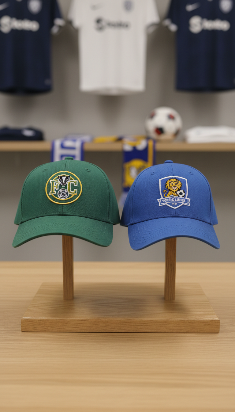 Two distinct football club caps—one in rich bottle green for adults, the other in bright cobalt blue for kids—feature their respective embroidered club logos, precisely rendered. Both caps rest on a clean oak display stand set against a neutral, softly blurred backdrop with hints of organized club gear. Even lighting from above creates a balanced, shadow-minimized effect that accentuates the vibrant colors and structured crown of each cap. The composition is symmetrically arranged, with crisp focus and minimal distractions, conveying inclusivity and order. The image’s tone is inviting and professional, emphasizing the range and quality of available club merchandise in a business context.